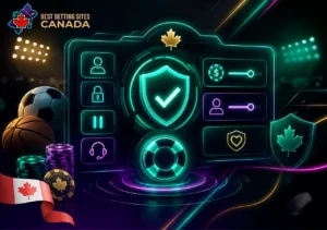Responsible gambling illustration with a protective screen, limit settings, player support, and sports elements on a dark background